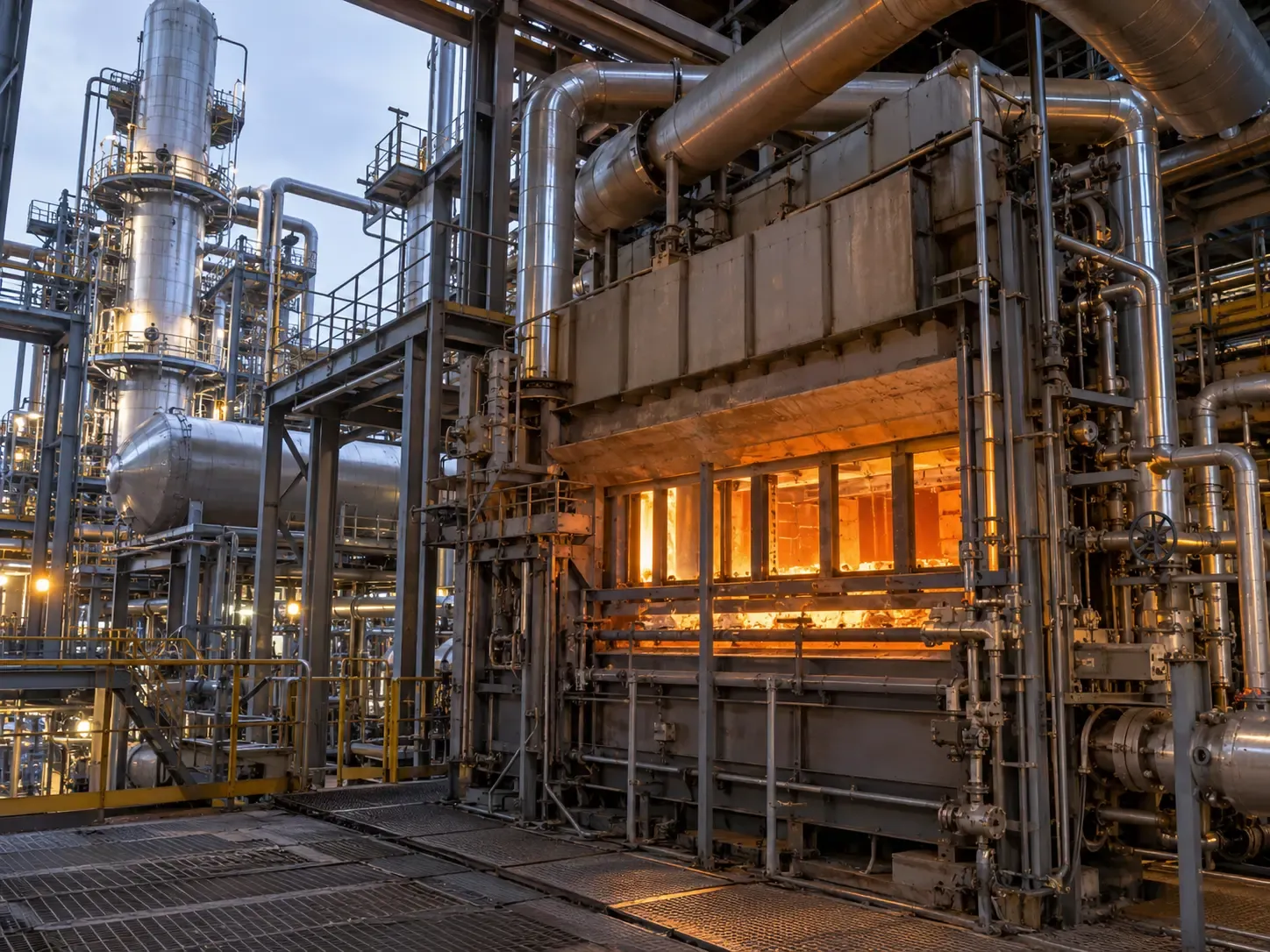 Fired heater with a glowing firebox among the pipework and columns of a petrochemical plant