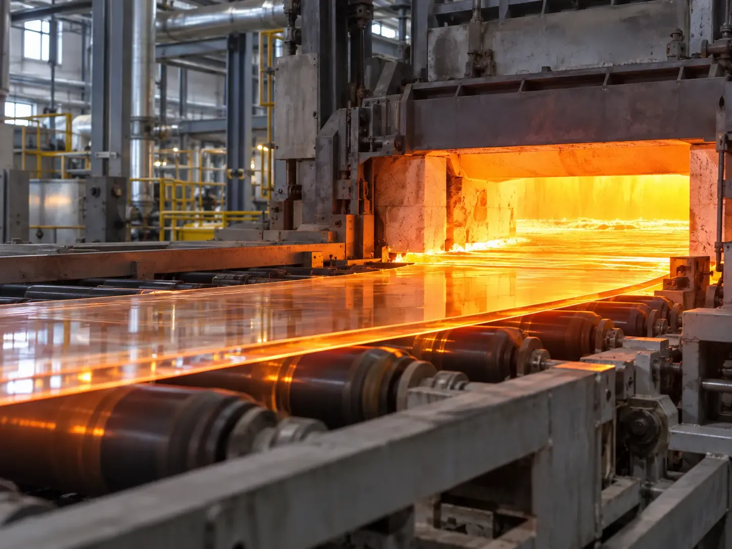 Hot glass ribbon leaving the furnace onto the roller conveyor of a glass production line