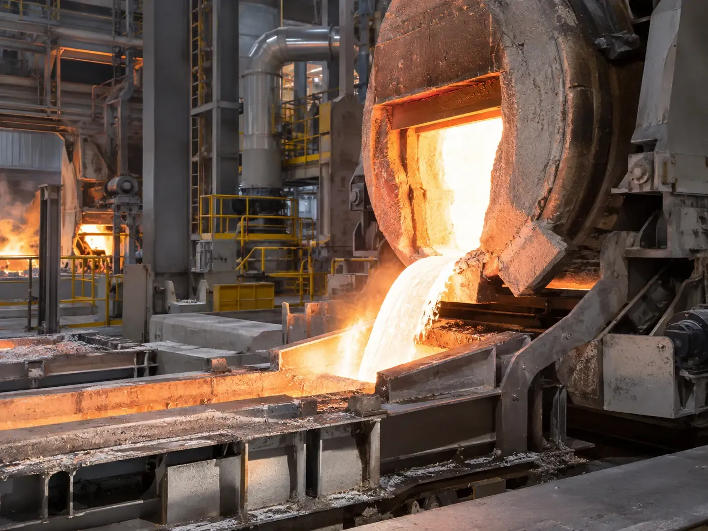 Tilting rotary furnace tapping molten metal into a casting launder in a nonferrous smelter