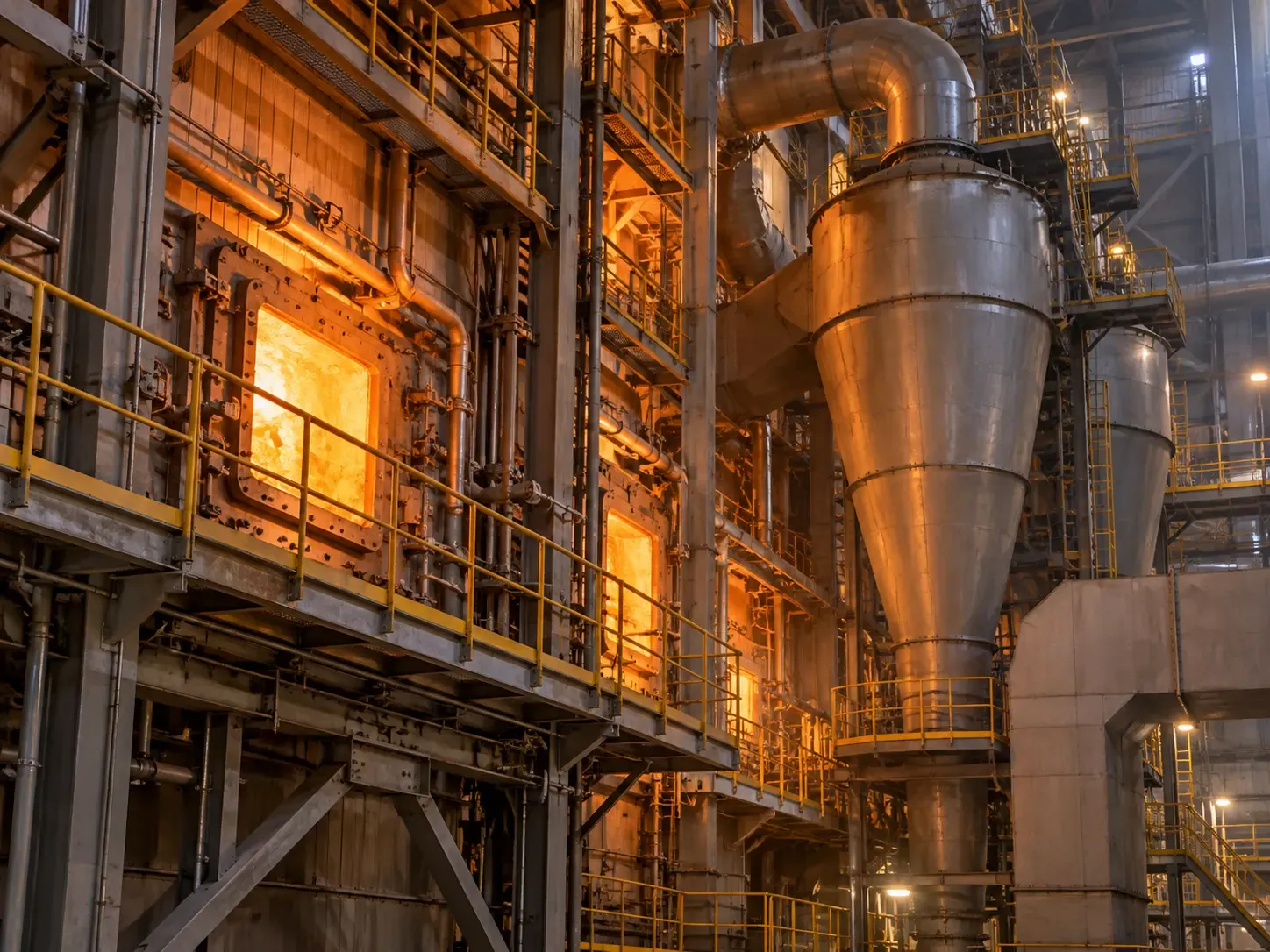 Power plant boiler house with a glowing furnace inspection window and a cyclone separator