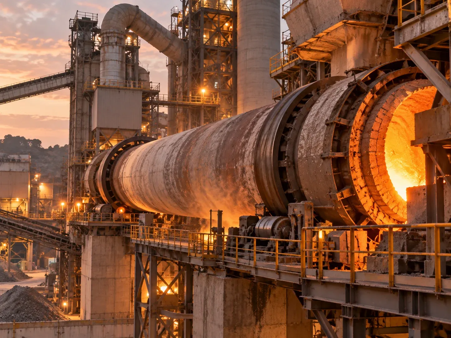 Rotary kiln on its support rollers with the glowing discharge end and the preheater tower of a cement plant behind it
