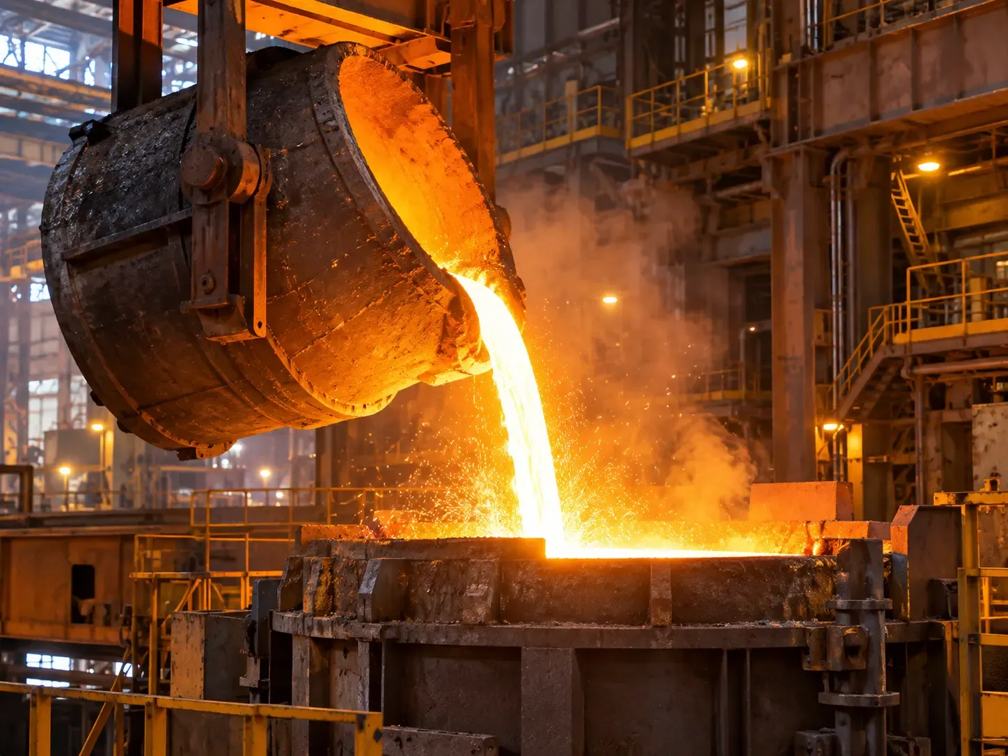 Steel ladle pouring molten metal into a furnace vessel in a steelworks